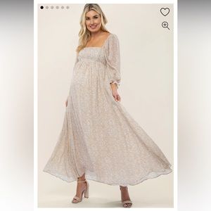 PinkBlush Beige Chiffon Printed Square Neck Empire Maternity Maxi Dress